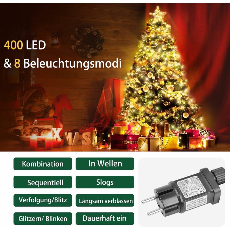 Weihnachtsbaumbeleuchtung, 2 m, 16 Zweige, 400 LEDs,  Weihnachtsbaumbeleuchtung mit 8 Modi und Timer, wasserdichte  Weihnachtsbaumbeleuchtung für Weihnachtsbaumdekoration – Warmweiß