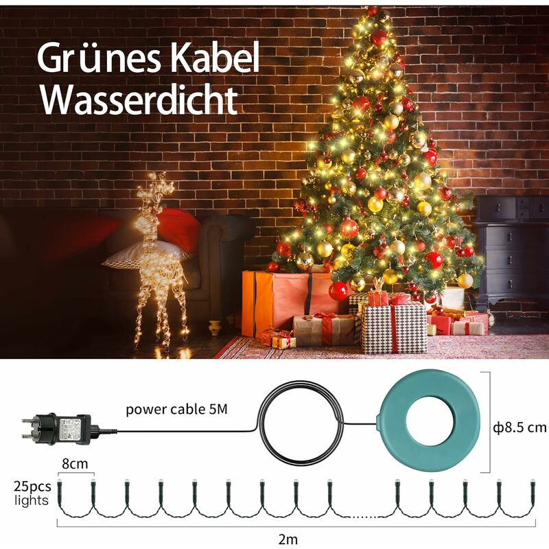 GUSODOR Lichterkette Weihnachtsbaum 2M 400 LEDs 16 Stränge, 8 Modi