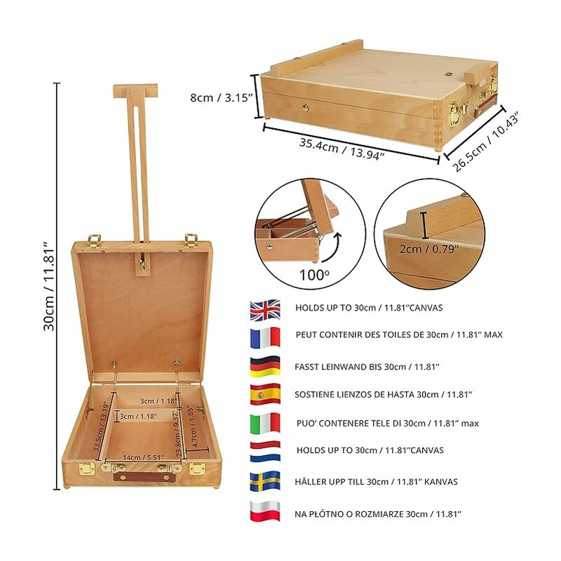 Tragbare Holzstaffelei zum Malen und Zeichnen mit Aufbewahrungsbox – Für  Leinwände bis 30 cm – Verstellbare Tischstaffelei aus Buchenholz für  Anfänger und Studenten
