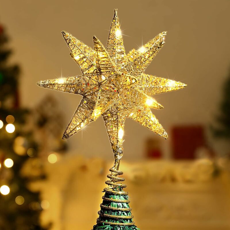 Weihnachtsbaumdekoration, traditionelle Weihnachtsbaumspitze, Basis, mit 3D-Sternornament Heimdekoration LED-Licht, Champagnergold elastischer mit Weihnachtsschmuck –
