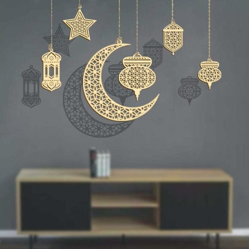Holz Anhänger Ornament 6 Stück Ramadan Kareem Dekoration, Halbmond Sterne  Stil Licht Form Anhänger Ornament für Ramadan Eid Mubarak Dekorationen