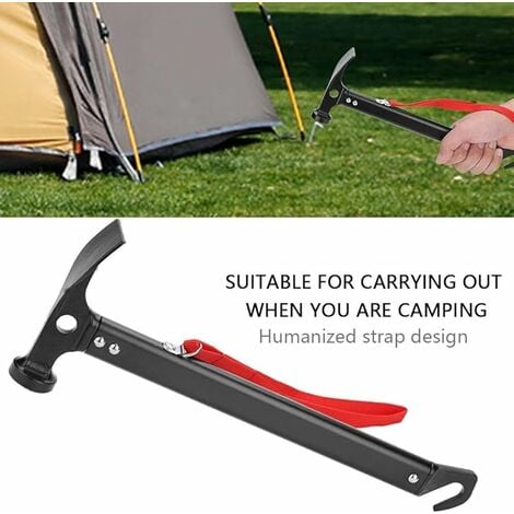 Hochleistungs-Campinghammer, multifunktionaler Outdoor-Camping-Hammerhaken, schwarzes rutschfestes Kopfdesign mit Halteseil