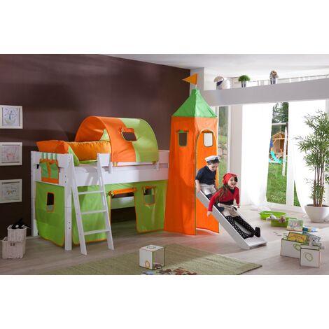 Hochbett Kim aus Massivholz weiß,inkl.Stoffset grün/orange