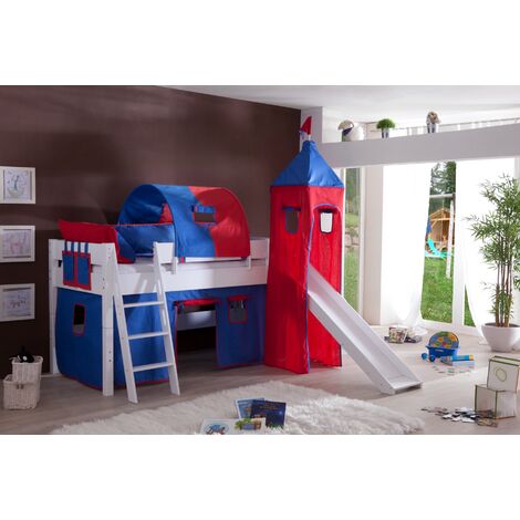 Hochbett Kim aus Massivholz weiß, inkl. Stoffset rot/blau