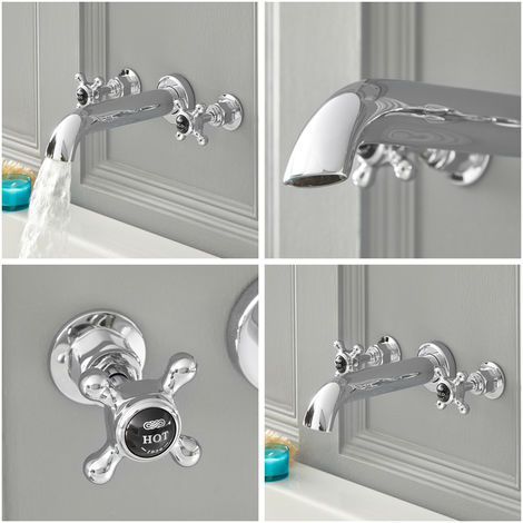 Grifo Mezclador para Lavabo de 3 Agujeros Estilo Tradicional Color Cromado  y Blanco Manijas en Cruceta - Elizabeth