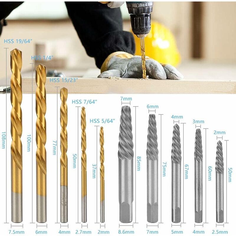 Lot de 10 extracteurs de vis et forets à main gauche - Extracteur de  boulons facile à retirer avec boîtier d'index en métal - Kit d'outils pour  enlever les vis endommagées et