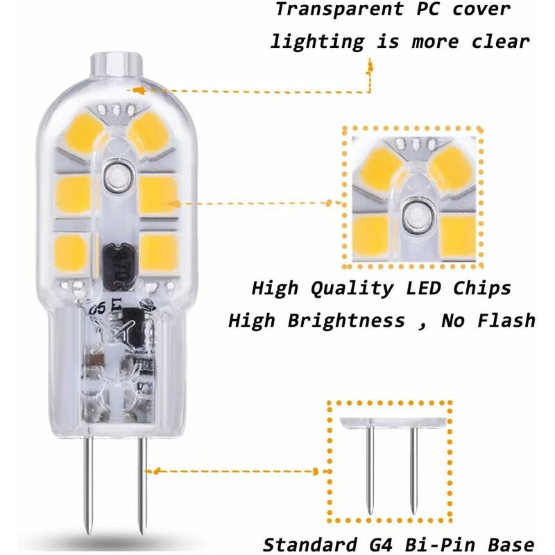 Ampoule G4 LED 12V 2W Blanc Chaud 3000K, 200lm, Équivalent Lampe