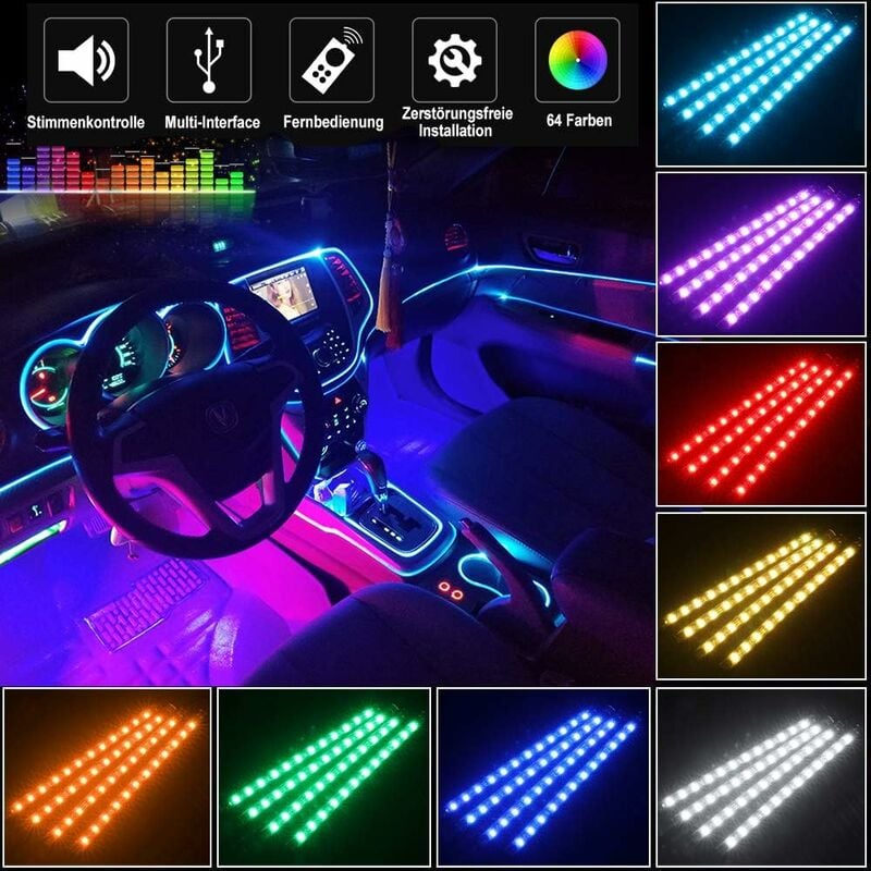 Éclairage intérieur à LED de voiture, musique multicolore à 72 LED avec  fonction active sonore et télécommande sans fil, DC 12V