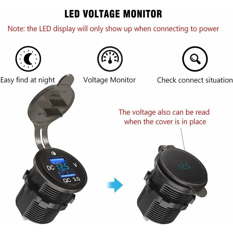 QC 3.0 prise USB voiture 12V / 24V, chargeur de voiture Quick Charge 3.0  prise intégrée adaptateur allume-cigare étanche avec interrupteur affichage  de la tension du voltmètre LED pour moto bateau cam