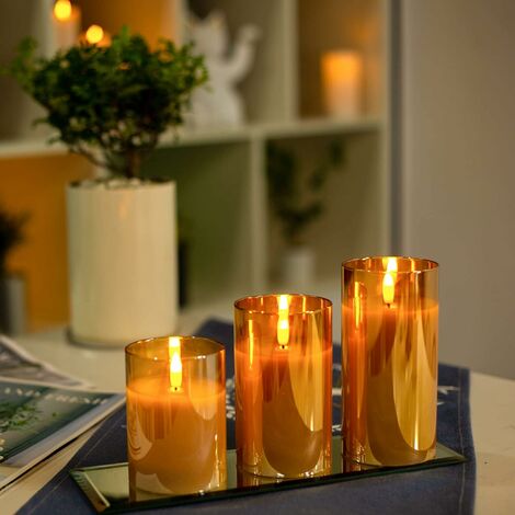 Bougies Led sans flamme en verre ambré avec télécommande-Diamètre 3 bougies  scintillantes à piles-Vrais piliers de cire en verre Bougies Led -   France