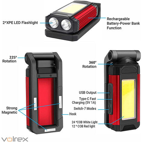 Baladeuse LED Rechargeable USB-C, 5 modes d'éclairage, 450 lumens