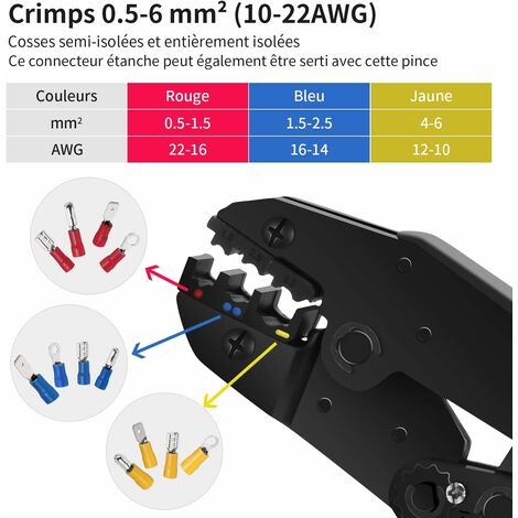 Pince à Sertir à Cliquet avec 700 Cosses Électrique pour câbles  0,5-1,5mm²/1,5-2,5mm²/4,0-6,0mm²