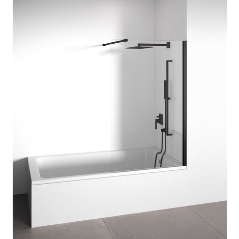 Mampara de bañera frontal panel fijo - Transparente - Cristal templado 6 mm Antical - Perfilería Negra Mate - Ancho adaptable 98-100 cm - Alto 145 cm