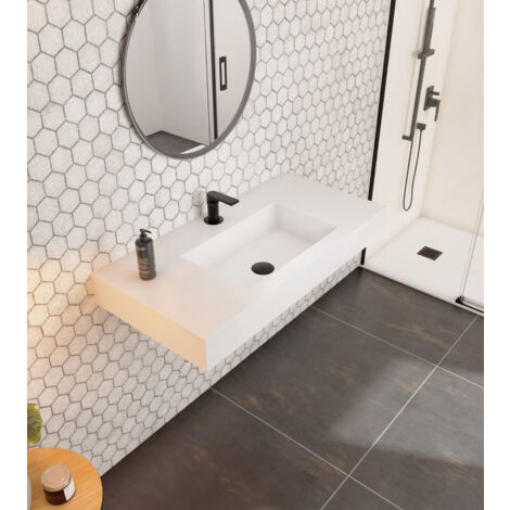 Lavabo sobre encimera de resina blanco 100x50x12 cm - Encimera para baño con orificio para grifo - Lavabo colgante de resina - Lavabo rectangular
