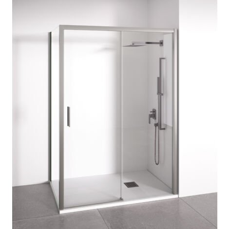 Mampara de ducha angular 1 corredera + 2 fijos - sin perfilería inferior - Cristal transparente templado 6mm - Plata brillo - Ancho adaptable 95-100 x 72-75 cm - Posición puerta izquierda - Alto 195cm