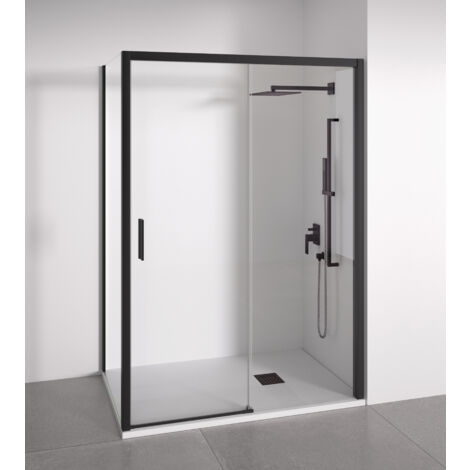 Mampara de ducha angular 1 corredera + 2 fijos - sin perfilería inferior - Cristal transparente templado 6mm - Negro mate - Ancho adaptable 145-150 x 72-75 cm - Posición puerta izquierda - Alto 195cm