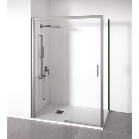 Mampara de ducha angular 1 corredera + 2 fijos - sin perfilería inferior - Cristal transparente templado 6mm - Plata brillo - Ancho adaptable 135-140 x 72-75 cm - Posición puerta derecha - Alto 195cm