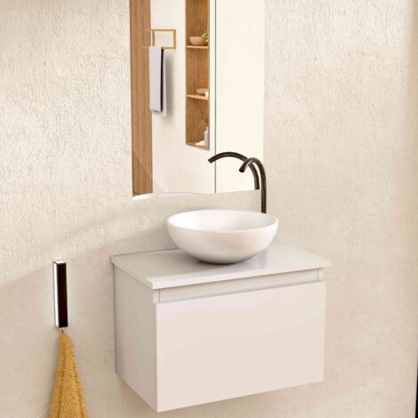 BELLOBATH - Mueble Baño Suspendido con Lavabo de Cerámica Redondo y Espejo, Mueble Baño con Lavabo Montado con 1 Cajón, 49,5 x 32 x 30 cm, Mueble Blanco