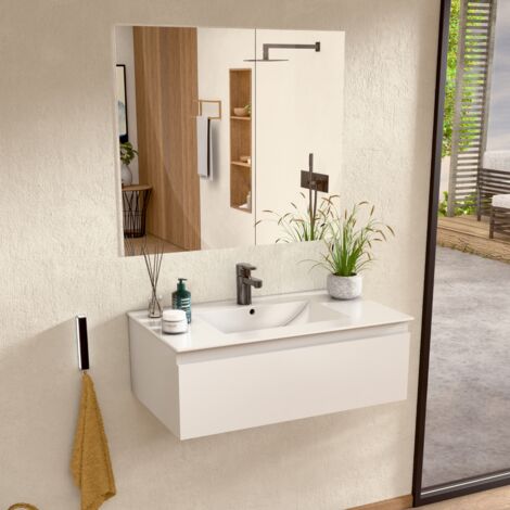 BELLOBATH - Mueble de baño suspendido con lavabo de cerámica y espejo, Mueble baño con 1 cajón, 100 x 27 x 45 cm, Mueble Blanco