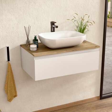 BELLOBATH - Mueble Baño Suspendido con Lavabo de Cerámica, Mueble Baño con 1 Cajón, 80 x 27 x 46 cm, Mueble Blanco y Tapa Roble