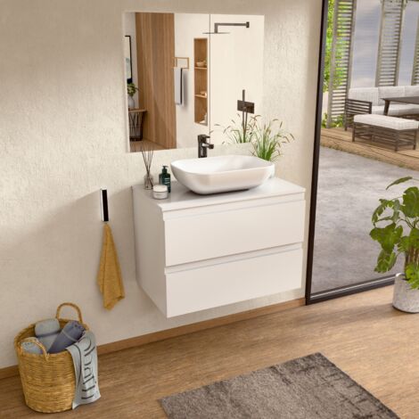 BELLOBATH - Mueble de baño suspendido con lavabo de cerámica y espejo, Mueble de baño con 2 cajones, 60 x 55 x 46 cm, Mueble Blanco