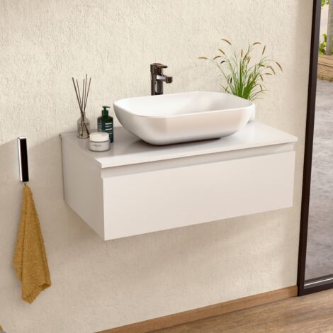BELLOBATH - Mueble Baño Suspendido con Lavabo de Cerámica, Mueble Baño con 1 Cajón, 60 x 27 x 46 cm, Mueble Blanco