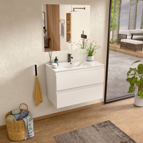 BELLOBATH - Mueble de baño suspendido con lavabo de cerámica y espejo, Mueble de baño con 2 cajones, 80 x 55 x 46 cm, Mueble Blanco