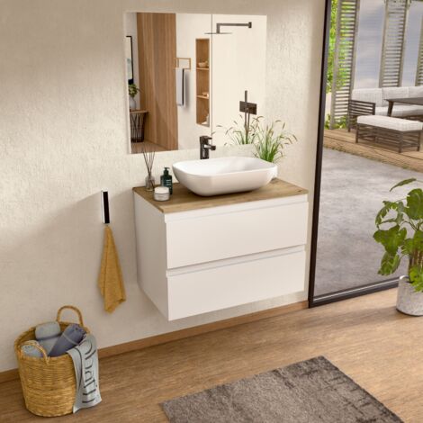 BELLOBATH - Mueble de baño suspendido con lavabo de cerámica y espejo, Mueble de baño con 2 cajones, 100 x 55 x 46 cm, Mueble Blanco y Tapa Roble