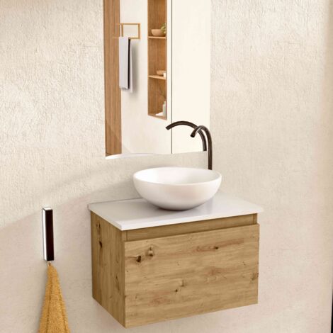 BELLOBATH - Mueble Baño Suspendido con Lavabo de Cerámica Redondo y Espejo, Mueble Baño con Lavabo Montado con 1 Cajón, 49,5 x 32 x 30 cm, Mueble Roble / Blanco