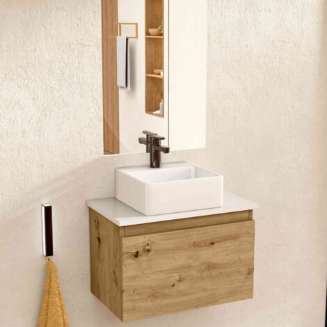 BELLOBATH - Mueble Baño Suspendido con Lavabo de Cerámica Cuadrado y Espejo, Mueble Baño con Lavabo Montado con 1 Cajón, 49,5 x 32 x 30 cm, Mueble Roble / Blanco