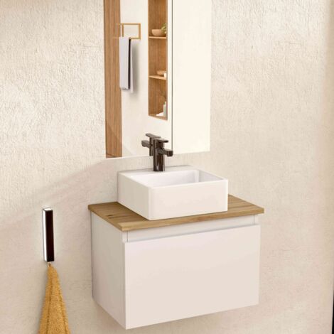 BELLOBATH - Mueble Baño Suspendido con Lavabo de Cerámica Cuadrado y Espejo, Mueble Baño con Lavabo Montado con 1 Cajón, 49,5 x 32 x 30 cm, Mueble Blanco / Roble