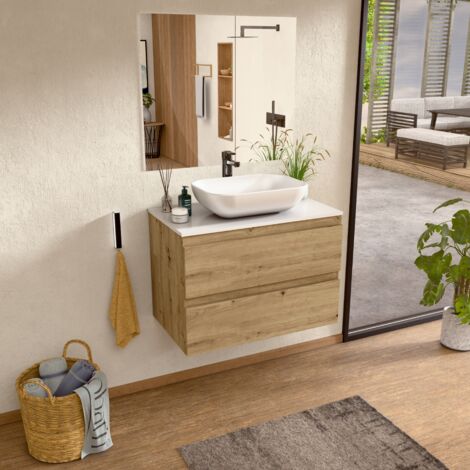 BELLOBATH - Mueble de baño suspendido con lavabo de cerámica y espejo, Mueble de baño con 2 cajones, 100 x 55 x 46 cm, Mueble Roble y Tapa Blanca