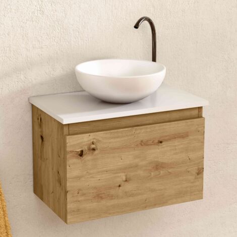 BELLOBATH - Mueble Baño Suspendido con Lavabo de Cerámica Redondo , Mueble Baño con Lavabo Montado con 1 Cajón, 49,5 x 32 x 30 cm, Mueble Roble / Blanco