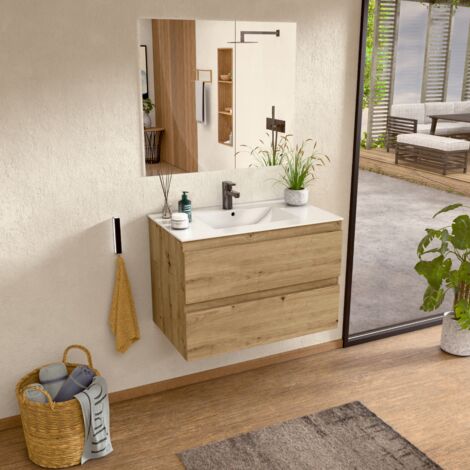 BELLOBATH - Mueble de baño suspendido con lavabo de cerámica y espejo, Mueble de baño con 2 cajones, 100 x 55 x 46 cm, Mueble Roble