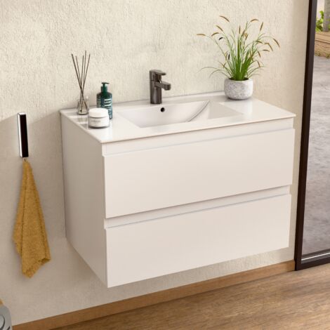 BELLOBATH - Mueble de baño suspendido con lavabo de cerámica, Mueble con 2 Cajones, 60 x 55 x 46 cm, Mueble blanco