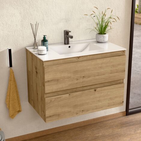 BELLOBATH - Mueble de baño suspendido con lavabo de cerámica, Mueble con 2 Cajones, 80 x 55 x 46 cm, Mueble roble