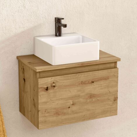 BELLOBATH - Mueble Baño Suspendido con Lavabo de Cerámica Cuadrado , Mueble Baño con Lavabo Montado con 1 Cajón, 49,5 x 32 x 30 cm, Mueble Roble