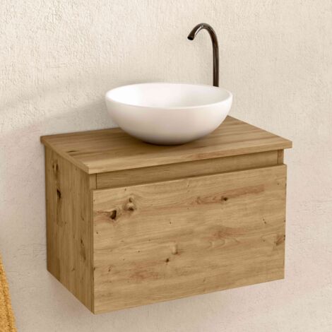 BELLOBATH - Mueble Baño Suspendido con Lavabo de Cerámica Redondo , Mueble Baño con Lavabo Montado con 1 Cajón, 49,5 x 32 x 30 cm, Mueble Roble