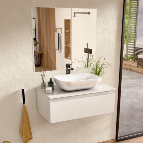 BELLOBATH - Mueble de baño suspendido con lavabo de cerámica y espejo, Mueble baño con 1 cajón, 100 x 27 x 45 cm, Mueble Blanco