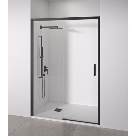 Mampara de ducha frontal 1 corredera + 1 fijo - sin perfilería inferior - Cristal transparente templado 6mm antical - Negro Mate - Ancho adaptable 110 a 115cm - Posición puerta derecha - Alto 195cm