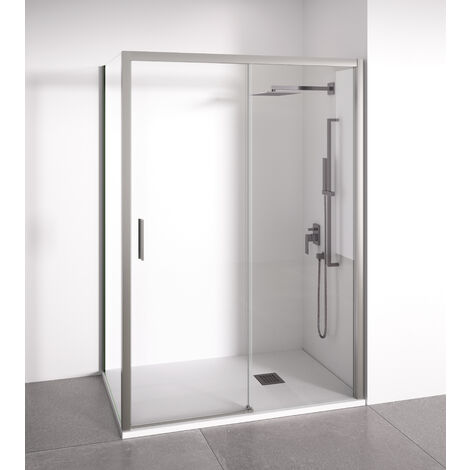 Mampara de ducha angular 1 corredera + 2 fijos - sin perfilería inferior - Cristal transparente templado 6mm - Plata Brillo - Ancho adaptable 95-100 x 67-70cm - Posición puerta izquierda - Alto 195cm (1/5)
