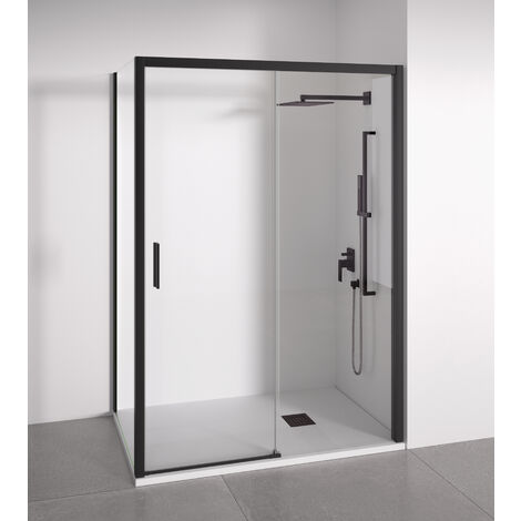 Mampara de ducha angular 1 corredera + 2 fijos - sin perfilería inferior - Cristal transparente templado 6mm - Negro mate - Ancho adaptable 135-140 x 87-90cm - Posición puerta izquierda - Alto 195cm