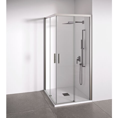 Mampara de ducha angular 2 correderas + 2 fijos - sin perfilería inferior - Cristal transparente templado 6mm Antical - Plata Brillo - Ancho adaptable 117-119 x 72-74 cm - Alto 195 cm (1/5)