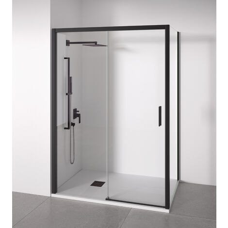 Mampara de ducha angular 1 corredera + 2 fijos - sin perfilería inferior - Cristal transparente templado 6mm - Negro mate - Ancho adaptable 105-110 x 87-90cm - Posición puerta derecha - Alto 195cm