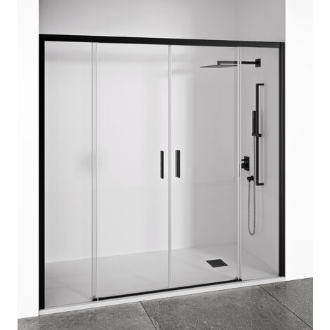 Mampara de ducha frontal 2 hojas correderas + 2 fijos sin perfilería inferior - Transparente - Cristal templado 6 mm Antical - Perfilería Negro Mate - Ancho adaptable 165-170 cm - Alto 195 cm - EIRE