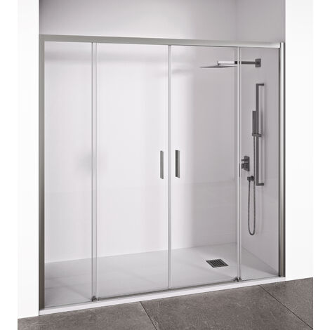 Mampara de ducha frontal 2 hojas correderas + 2 fijos sin perfilería inferior - Transparente - Cristal templado 6 mm Antical - Perfilería Plata Brillo - Ancho adaptable 170-175 cm - Alto 195 cm - EIRE