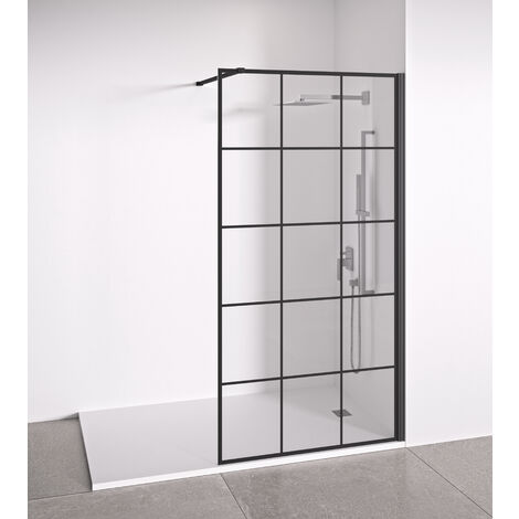 Mampara de ducha frontal panel fijo - Decorado industrial - Cristal templado 8 mm Antical - Perfilería Negra Mate - Ancho adaptable  88-90 cm - Alto 195 cm