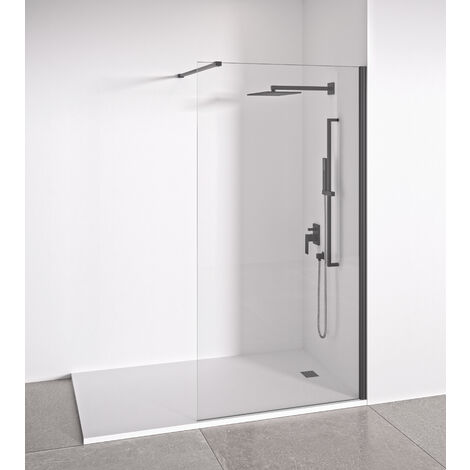 Mampara de ducha frontal panel fijo - Transparente - Cristal templado 8 mm Antical - Perfilería Negra Mate - Ancho adaptable 88-90 cm - Alto 195 cm