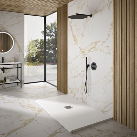 BELLOBATH - Plato de ducha de resina extraplano - Textura pizarra - Antideslizante - Color blanco - 90 x 100 cm - Incluye válvula y rejilla de acero inoxidable