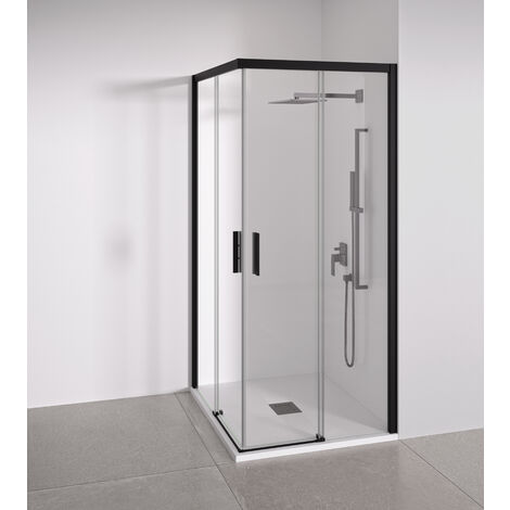Mampara de ducha angular 2 correderas + 2 fijos - sin perfilería inferior - Cristal transparente templado 6mm Antical - Negro Mate - Ancho adaptable 67-69 x 137-139 cm - Alto 195 cm (1/5)